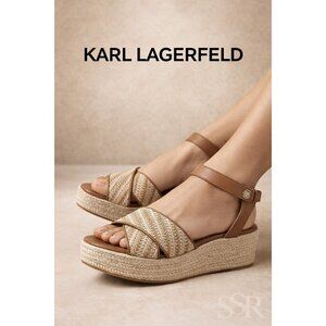 Karl Lagerfeld Paris Celest Espadrille Wedge Sandals Tan Raffia Crisscross 11M